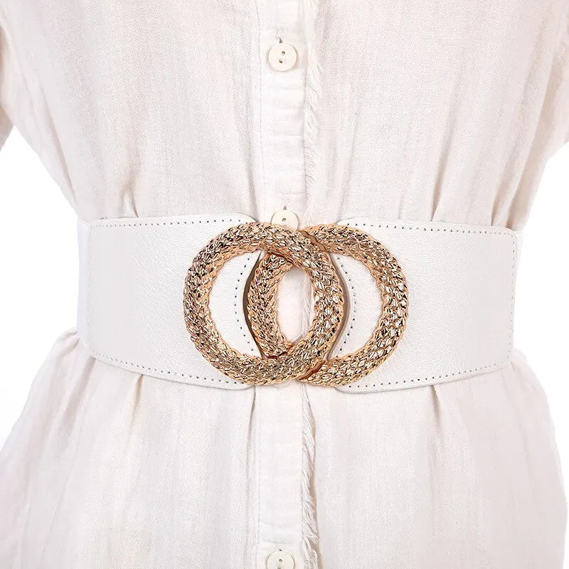 1 Pack Women's Elastic Belts with Multicoloured Double Circle Design-White-State of Style