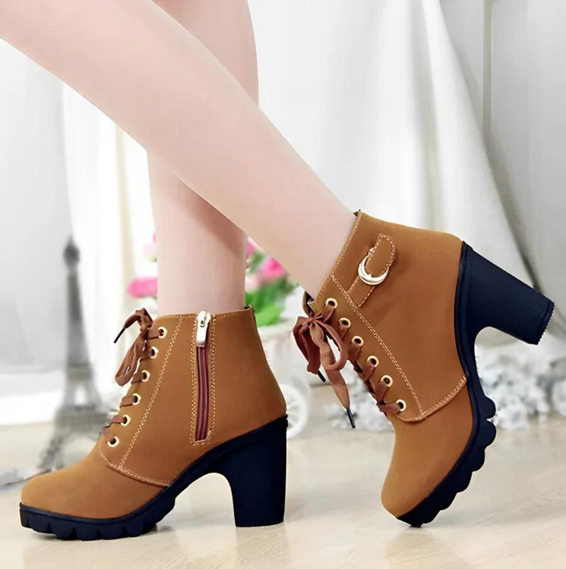 Ladies' lace-up ankle boots with heel and thick sole - Yeda