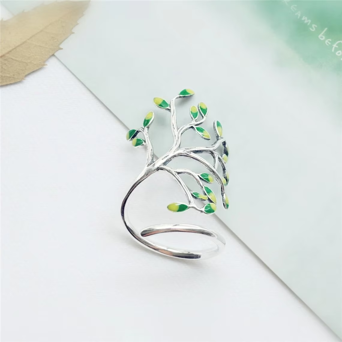 Adjustable Silver Ring | Green Leaf Design | Nature-Inspired Jewellery