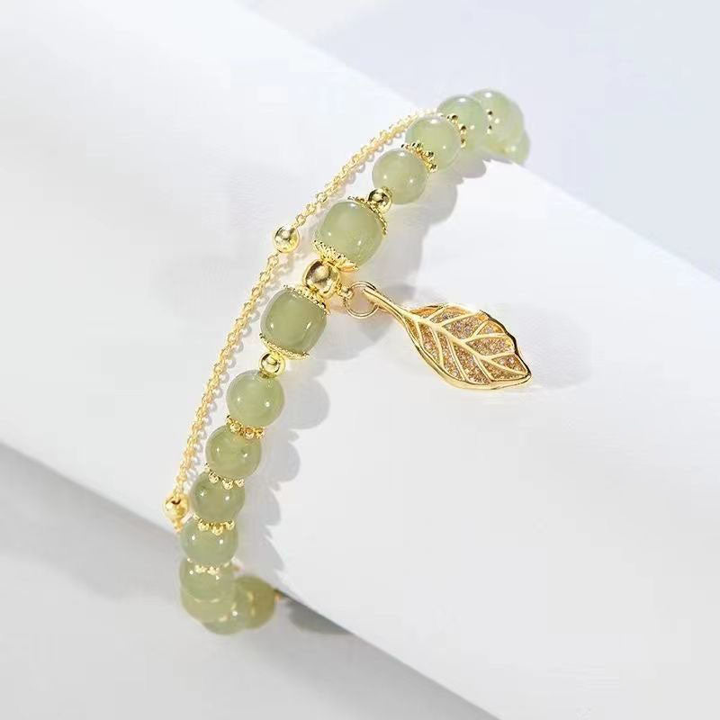 Green Jade Leaf Adjustable Bracelet  | Natural Stone