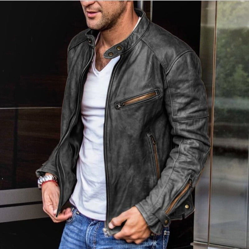 Men's leather jacket with weather-resistant autumn coating – Leandro
