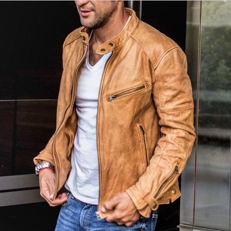 Men's leather jacket with weather-resistant autumn coating – Leandro