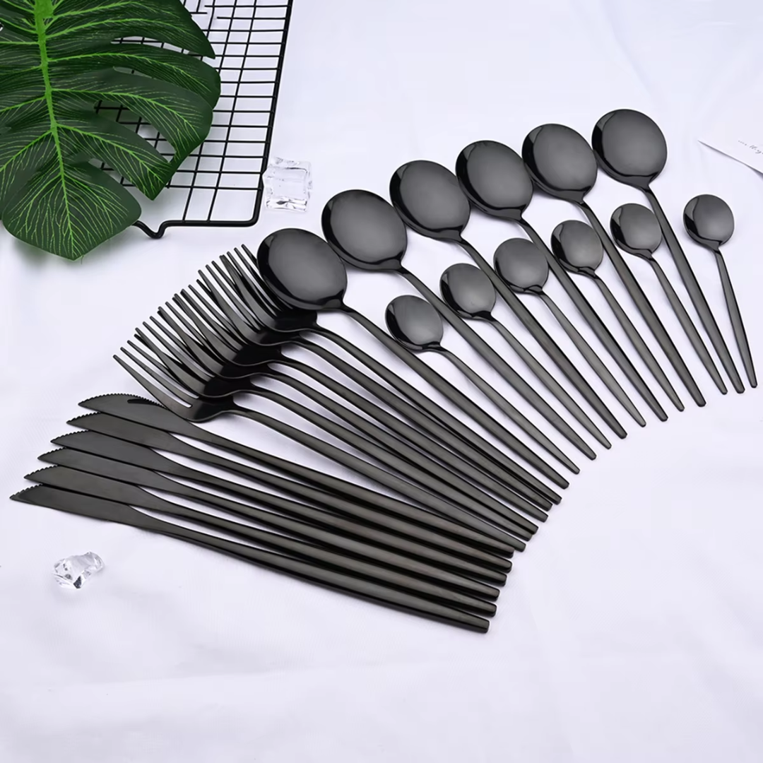 24-Piece Black Stainless Steel Cutlery Set-Round edge-State of Style