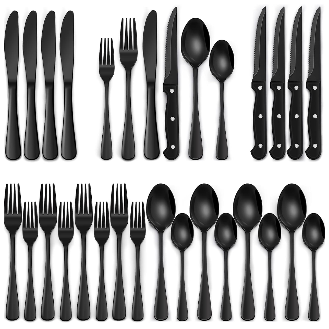 24-Piece Black Stainless Steel Cutlery Set-Round edge-State of Style