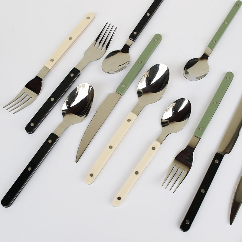 24-Piece Stainless Steel Cutlery Set with Engraved Design – BistroLine-Black-State of Style