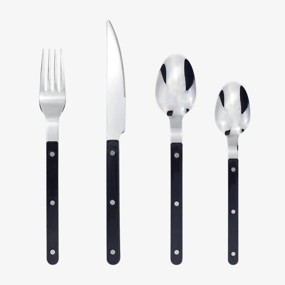 24-Piece Stainless Steel Cutlery Set with Engraved Design – BistroLine-Black-State of Style