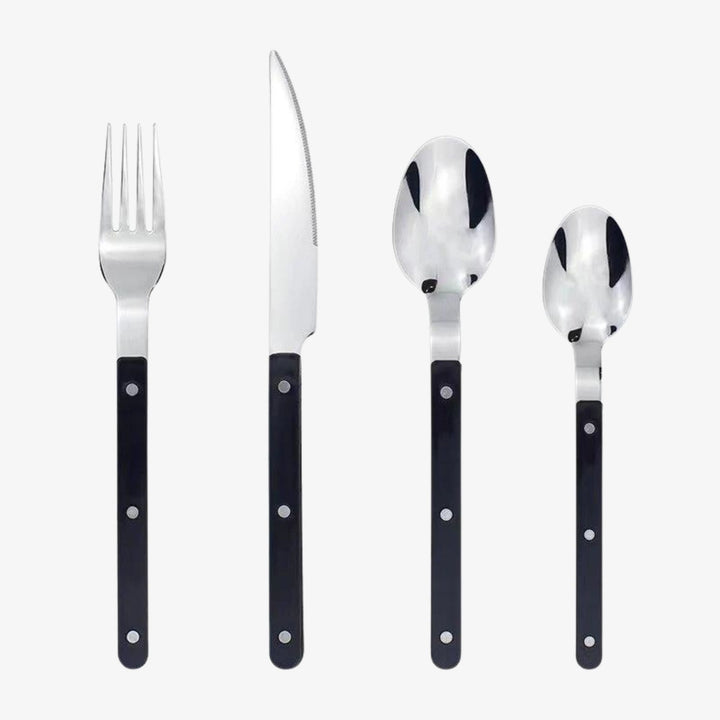 24-Piece Stainless Steel Cutlery Set with Engraved Design – BistroLine-Black-State of Style