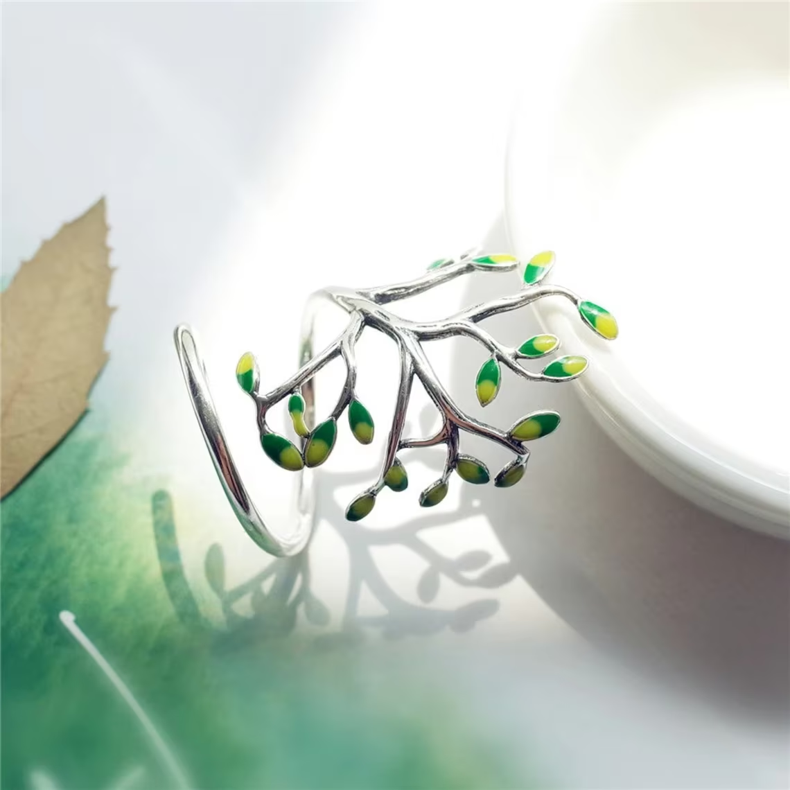 Adjustable Silver Ring | Green Leaf Design | Nature-Inspired Jewellery