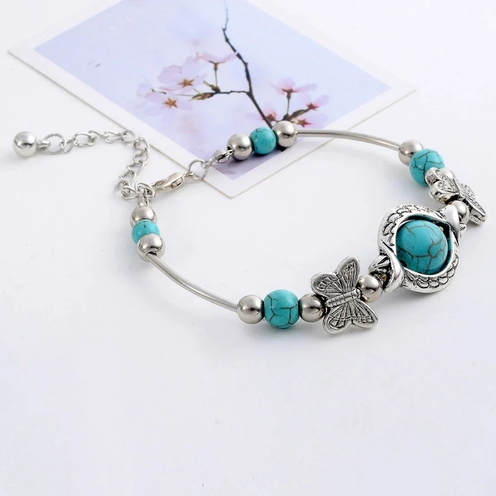 BUTTERFLY AND TURQUOISE BEAD BRACELET