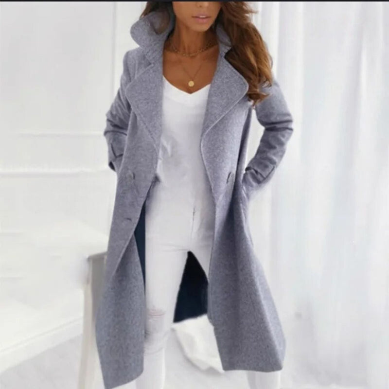 Stylish Long Women's Coat with Turned-Down Collar - Valentina