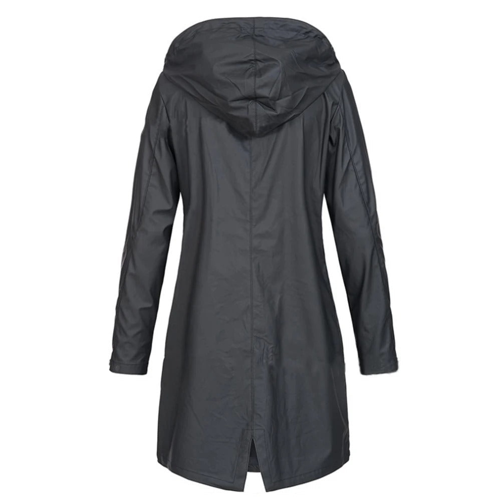 Ladies' long autumn coat with high collar & button tab – Leandra