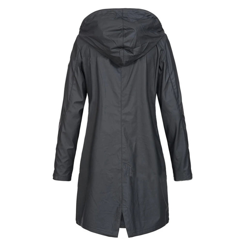 Ladies' long autumn coat with high collar & button tab – Leandra