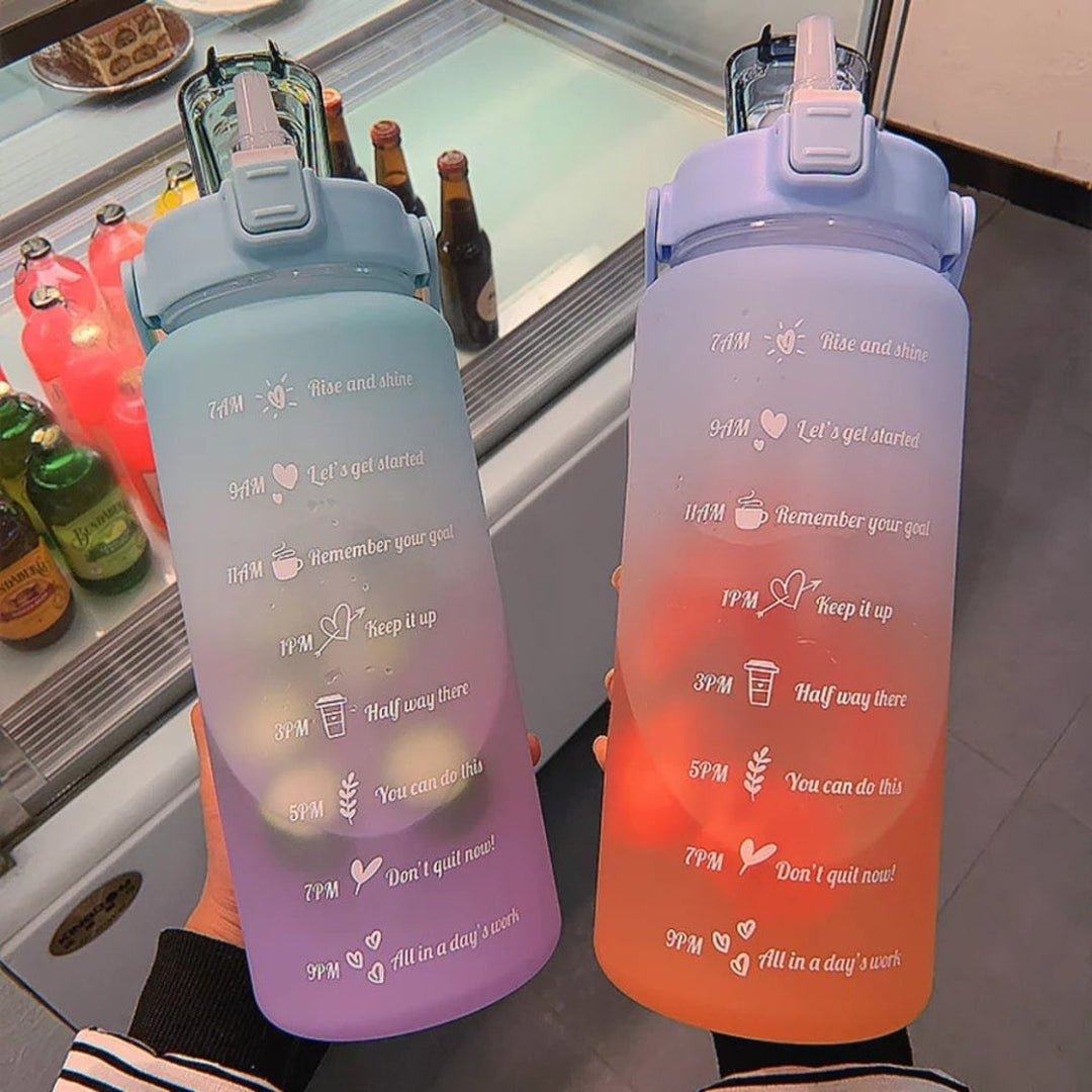 2L Motivational Water Bottle with Time Markers – HydroMotivator-Matte Green Purple-State of Style