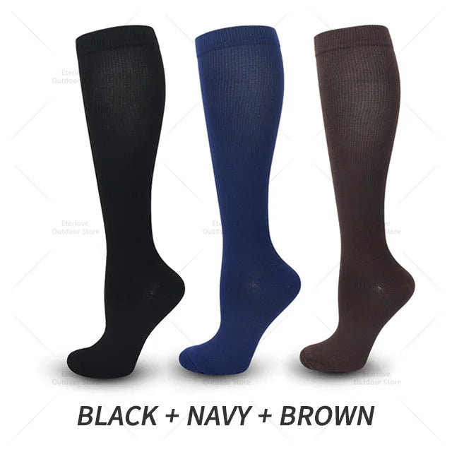 3 Pairs of Knee-High Compression Socks - FitSupport-Black-Blue-Brown-S-M (EU 3-6)-State of Style