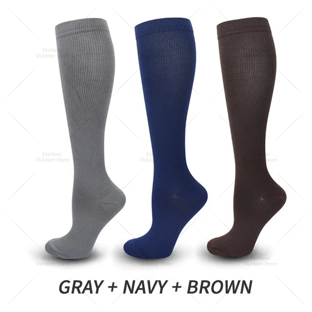 3 Pairs of Knee-High Compression Socks - FitSupport-Grey-Blue-Brown-S-M (EU 3-6)-State of Style