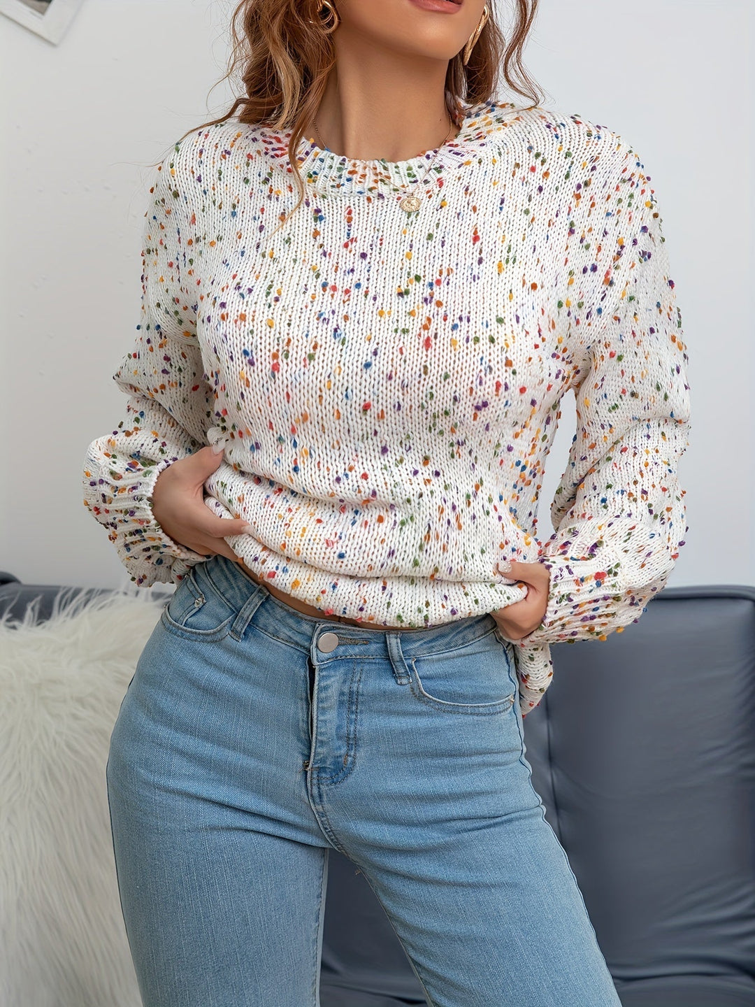 Knitted Women's Sweater with Confetti Print - Noa