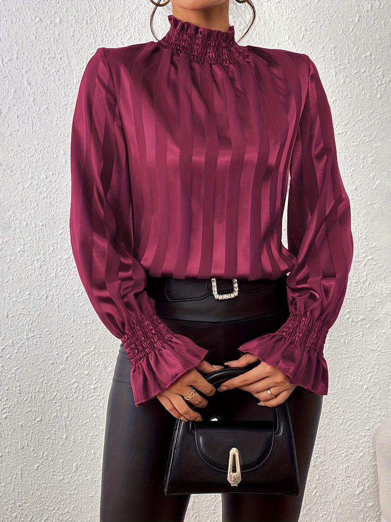 Satin Women's Blouse with Long Sleeves and Shirred Collar - Noëlle