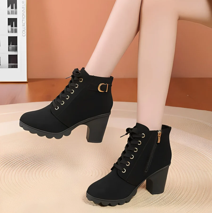 Ladies' lace-up ankle boots with heel and thick sole - Yeda
