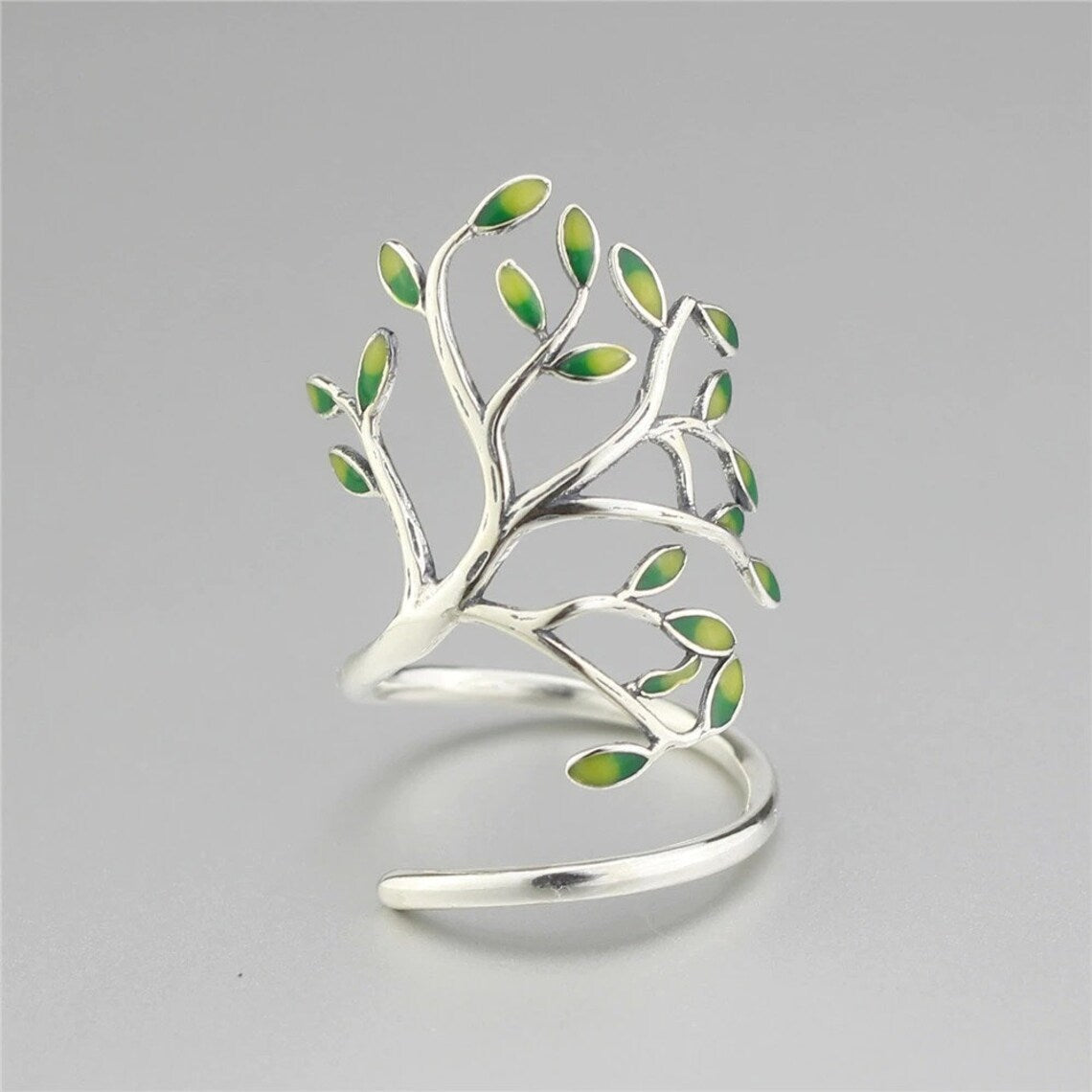 Adjustable Silver Ring | Green Leaf Design | Nature-Inspired Jewellery