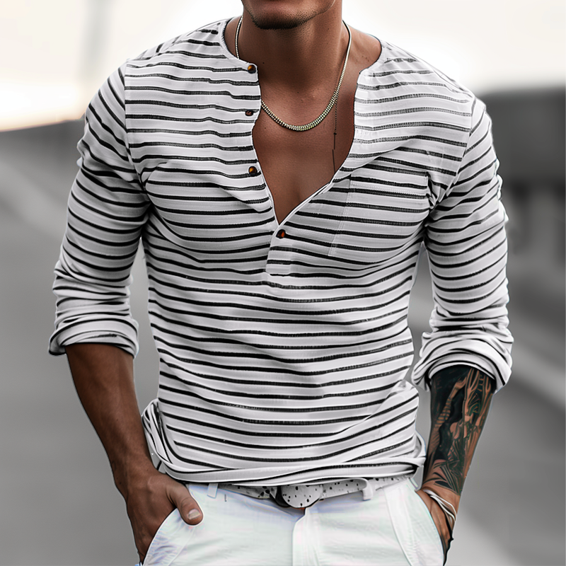 Striped Henley Shirt With Long Sleeves – Dorian