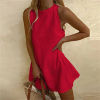 Karina Linen Dress with Red Cotton O-Neck | Comfortable & Stylish