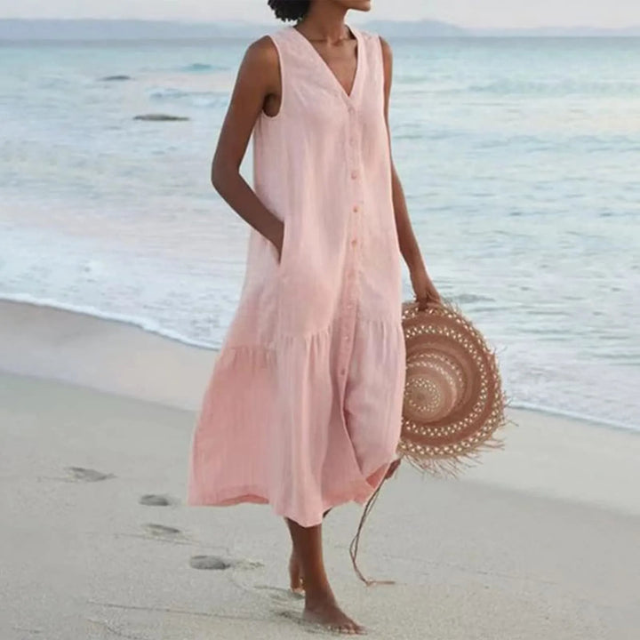 Stylish Linen Dress with V-Neck - Elara