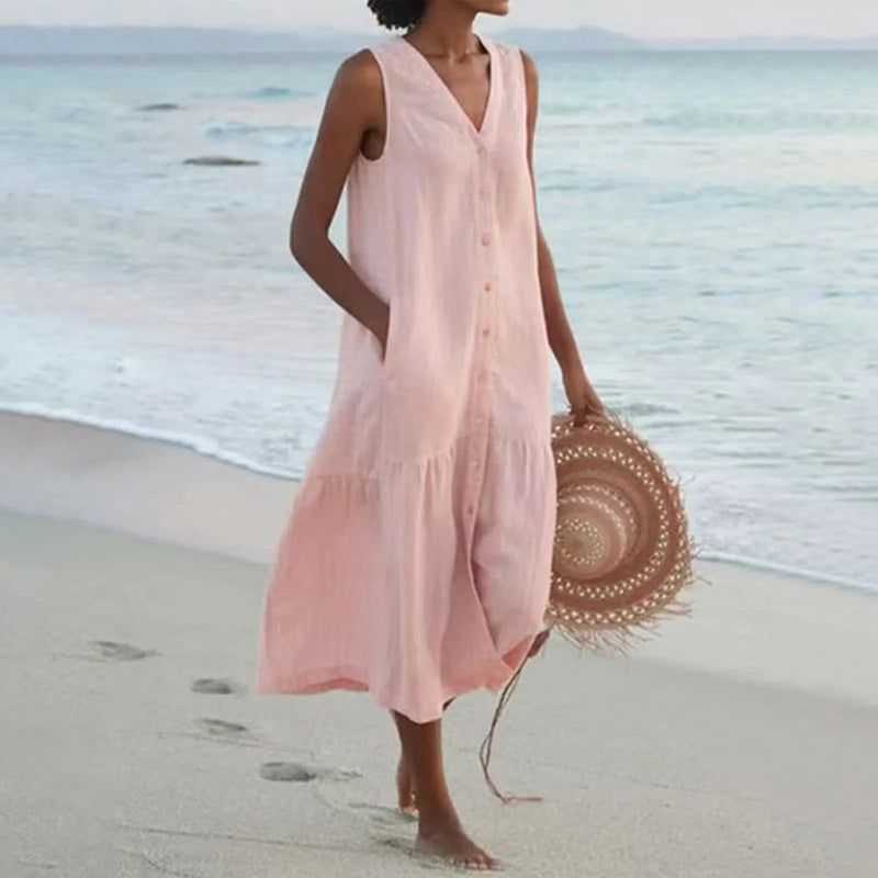 Stylish Linen Dress with V-Neck - Elara