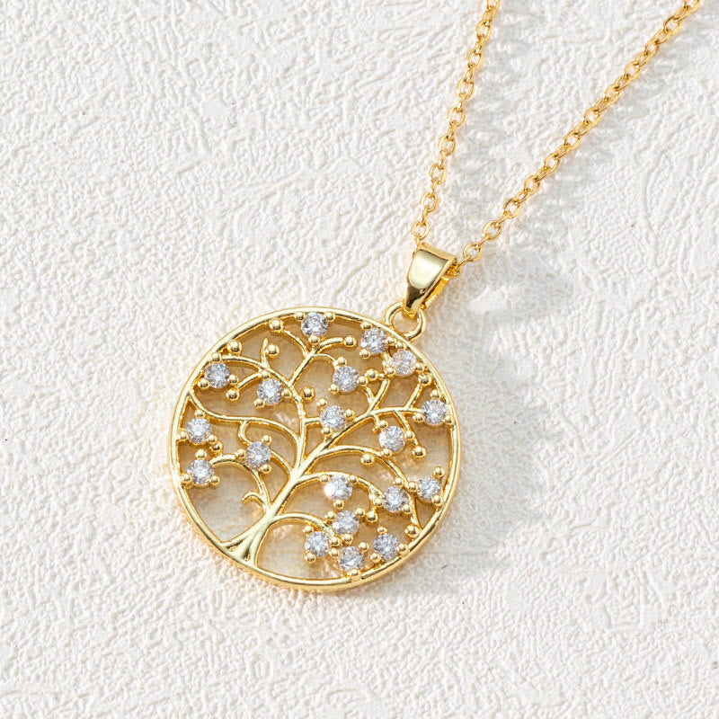 Zirconia Round Hollow Tree of Life Pendant Necklace - Luna