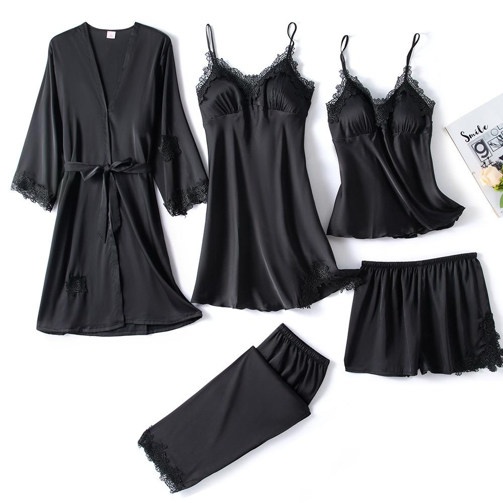 5-Piece Satin Sleep Set for Women with Lace – Amara-Black-XS-State of Style