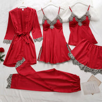 5-Piece Satin Sleep Set for Women with Lace – Amara-Dark red-XS-State of Style