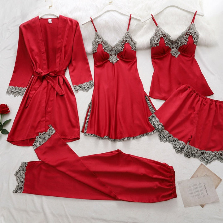 5-Piece Satin Sleep Set for Women with Lace – Amara-Dark red-XS-State of Style