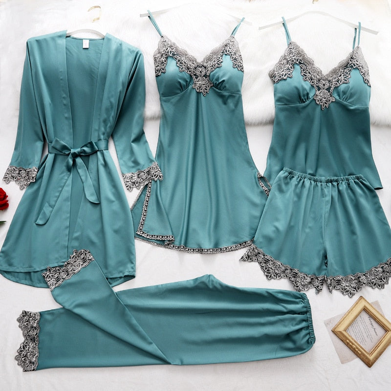 5-Piece Satin Sleep Set for Women with Lace – Amara-Green-XS-State of Style