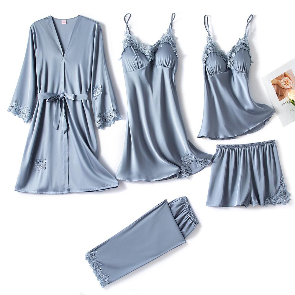 5-Piece Satin Sleep Set for Women with Lace – Amara-Light blue-XS-State of Style