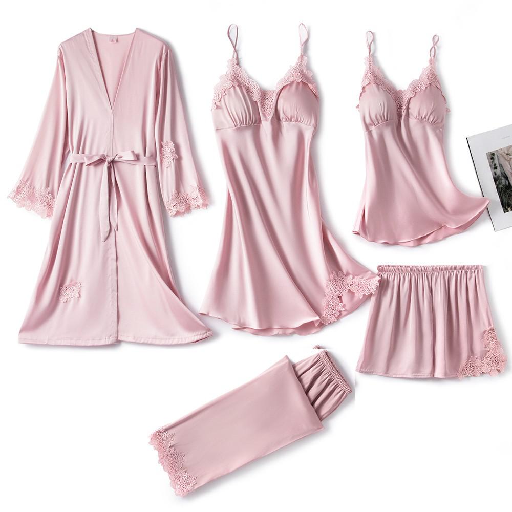 5-Piece Satin Sleep Set for Women with Lace – Amara-Light pink-XS-State of Style