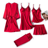 5-Piece Satin Sleep Set for Women with Lace – Amara-Light red-XS-State of Style
