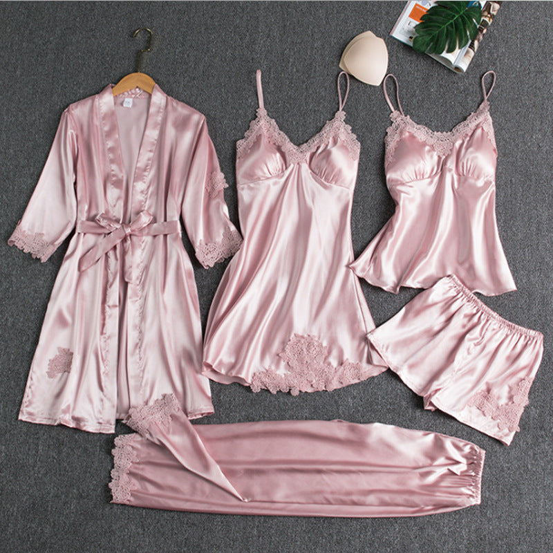 5-Piece Satin Sleep Set with Lace for Women – Liora-Pink-M-State of Style