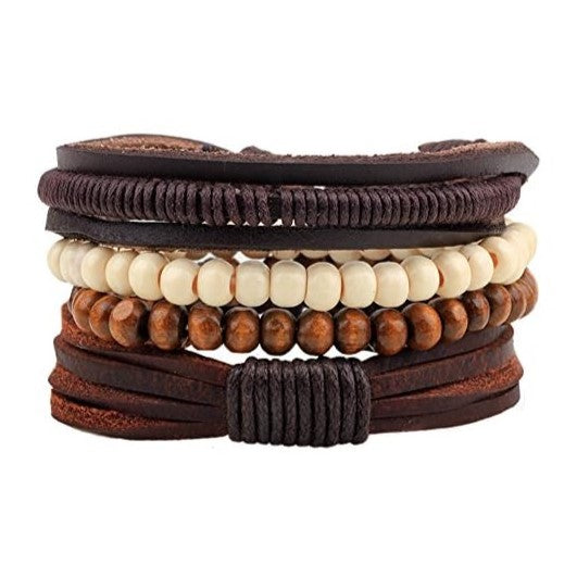 STYLISH 4-PIECE WOOD AND LEATHER BRACELET SET