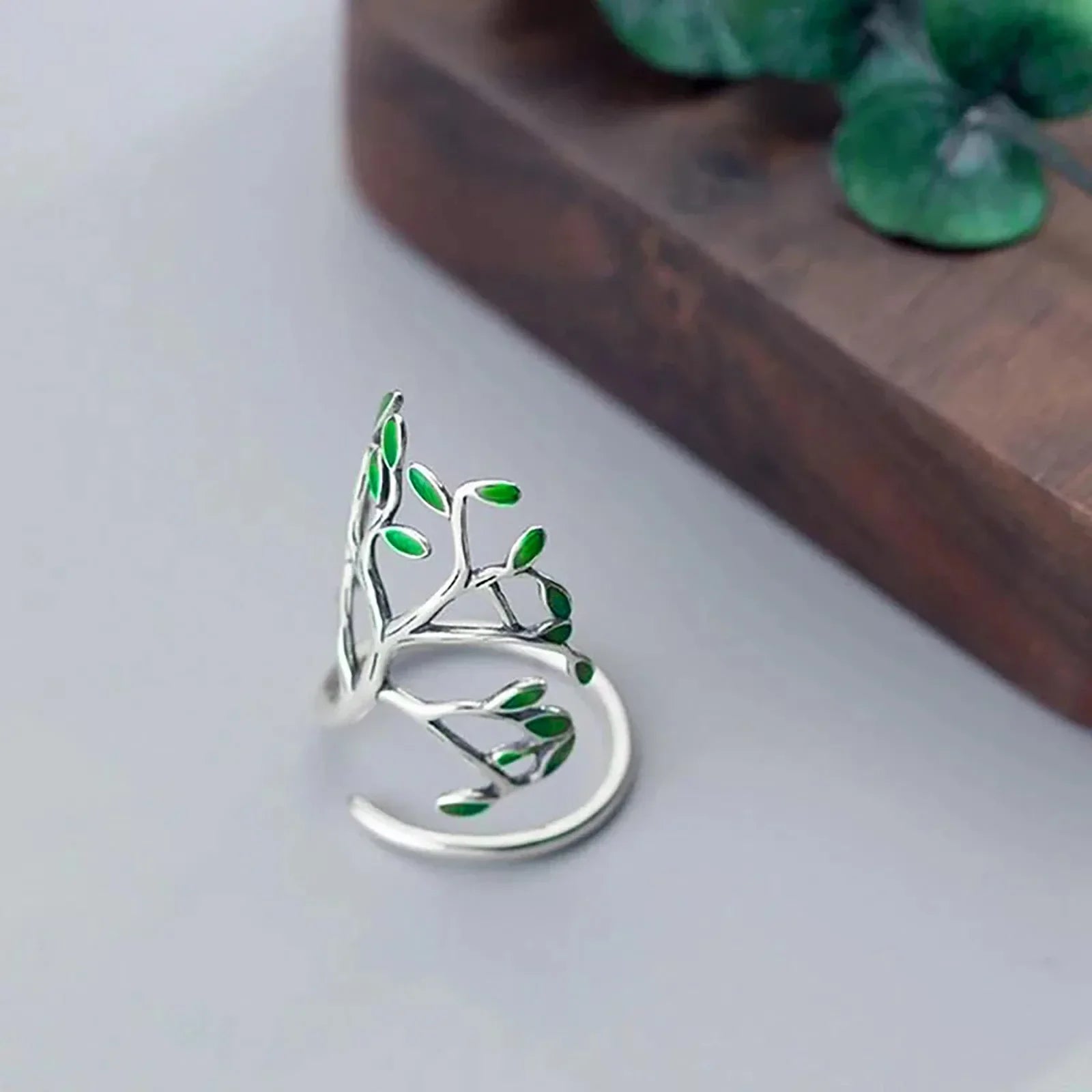 Adjustable Silver Ring | Green Leaf Design | Nature-Inspired Jewellery