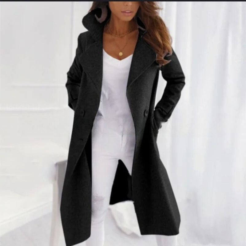 Stylish Long Women's Coat with Turned-Down Collar - Valentina
