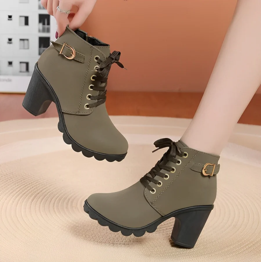 Ladies' lace-up ankle boots with heel and thick sole - Yeda