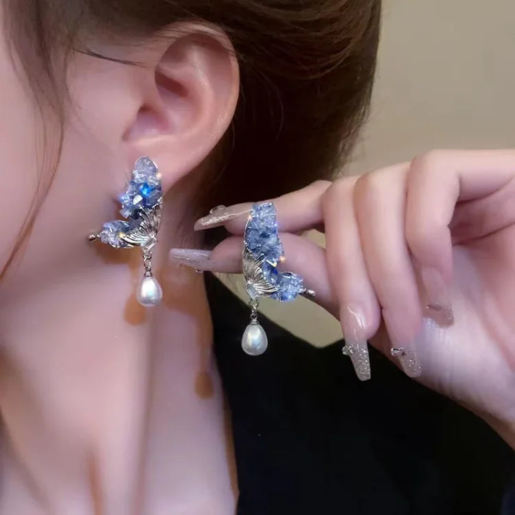 Blue Crystal Butterfly Wing Earrings with Pearl – Liora