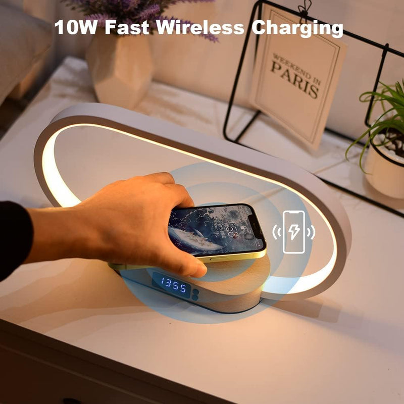 Wireless Charging Bedside Table Lamp with Clock – Lumora