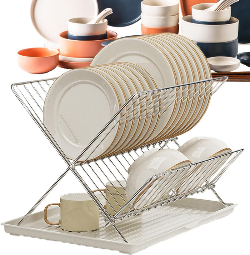 Folding Dish Drying Rack – 2-Tier Countertop Drainer with Detachable Tray – Kelvra