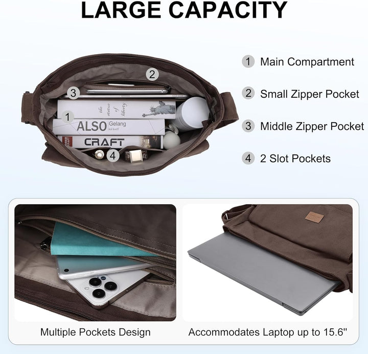 Canvas Laptop Messenger Bag with Multiple Pockets – Unisex Crossbody Tote