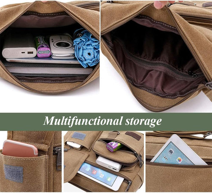 Canvas Crossbody Messenger with Water Bottle Holders – Unisex Laptop Bag