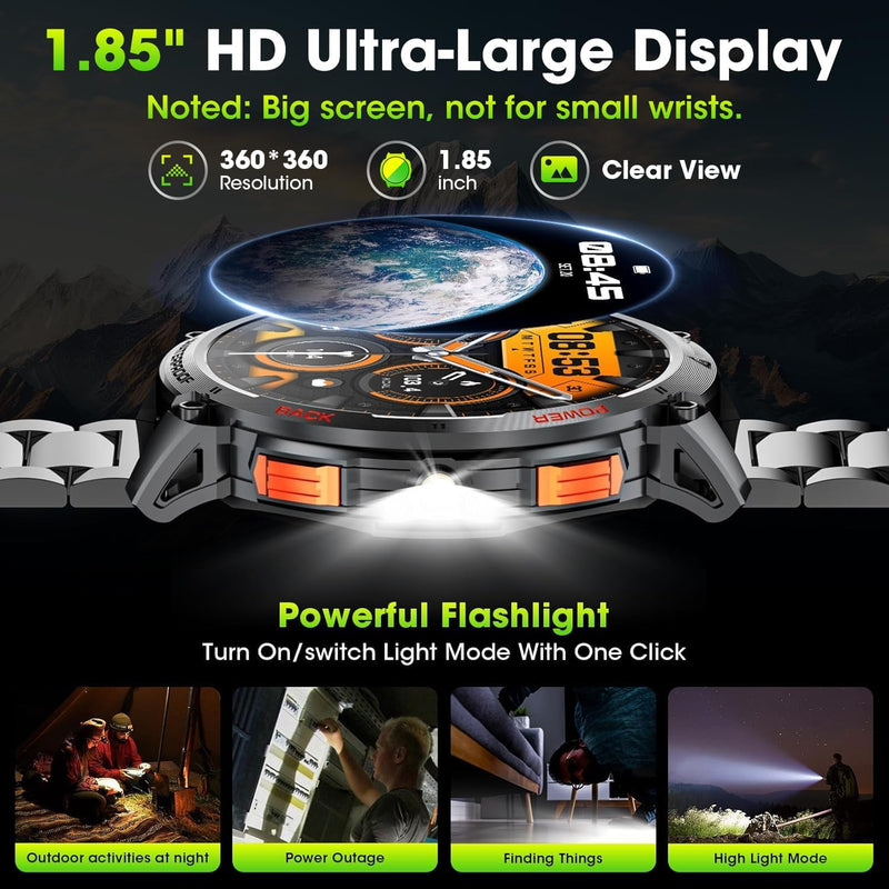 Military Smart Watch for Men with 1.85" HD Screen and Flashlight