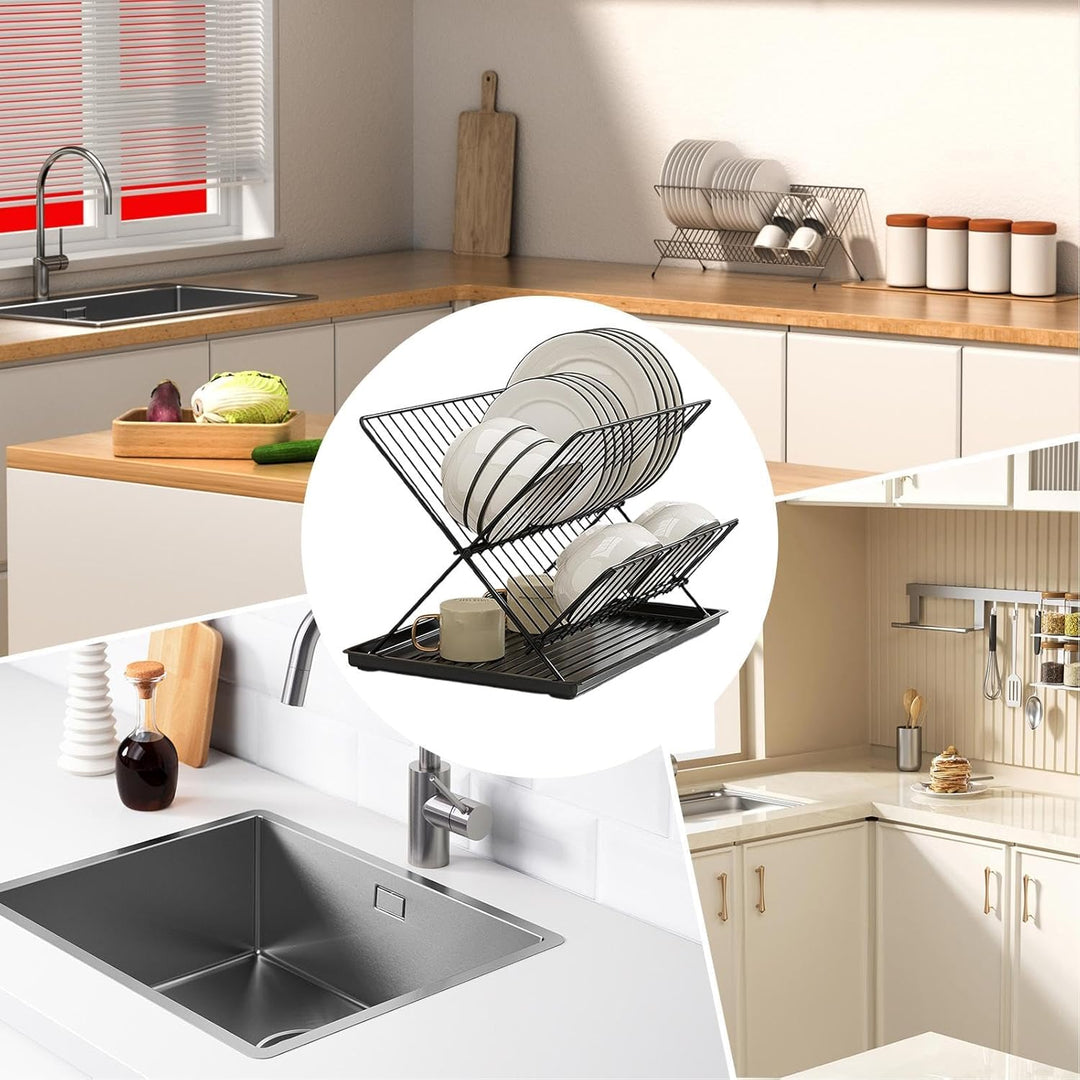 Folding Dish Drying Rack – 2-Tier Countertop Drainer with Detachable Tray – Kelvra