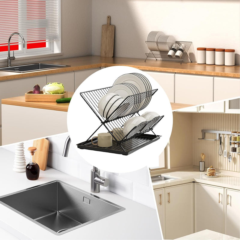 Folding Dish Drying Rack – 2-Tier Countertop Drainer with Detachable Tray – Kelvra