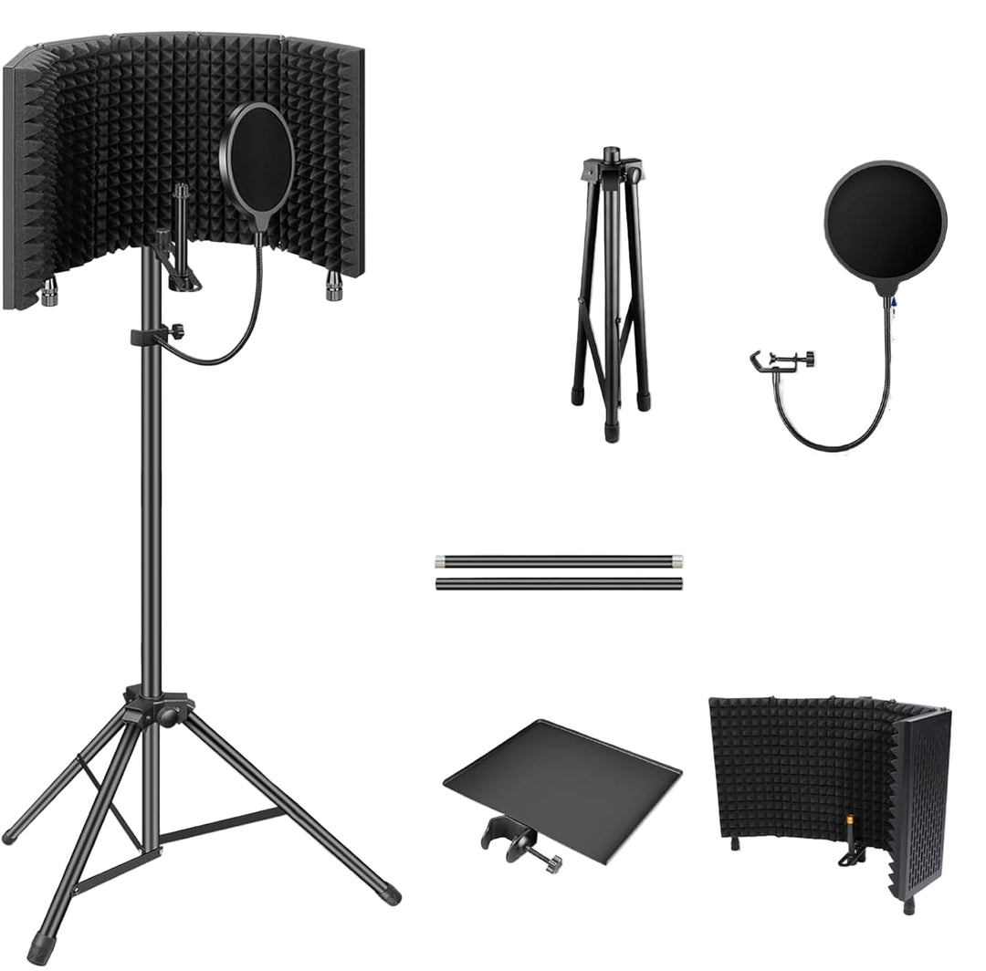 Triple-Layer Foldable Microphone Isolation Shield with Tripod Stand