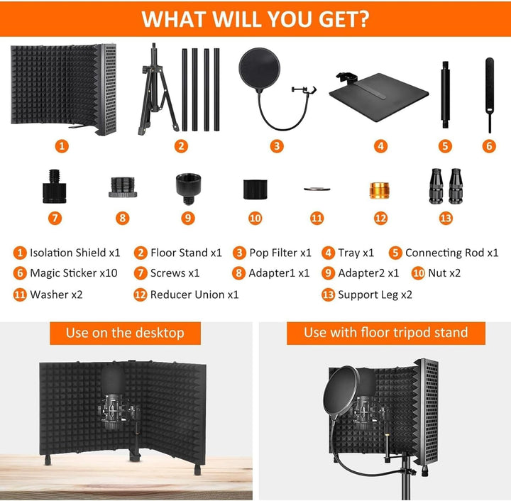 Triple-Layer Foldable Microphone Isolation Shield with Tripod Stand